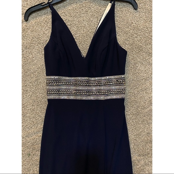 Xscape Beaded Plunge Gown - Navy & Silver - Picture 11 of 12